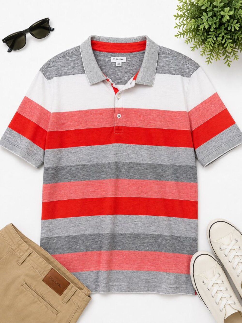 Calvin Klein Men’s Large Striped Polo Shirt Gray Red Coral Short Sleeve